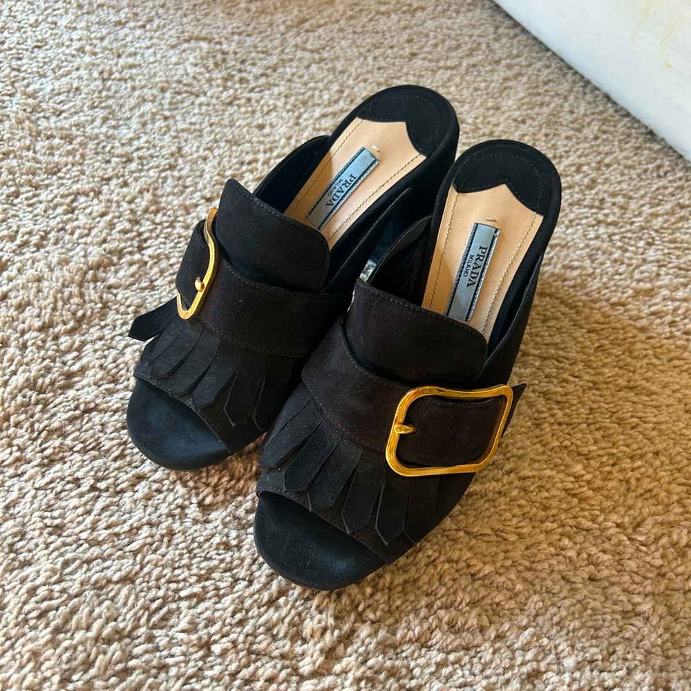 Prada Black and Gold Mules with Gold Buckle Open Toe